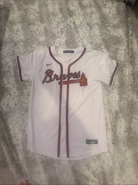 Nike White Atlanta Braves Kids Button-Up Jersey with Red and Navy Trim